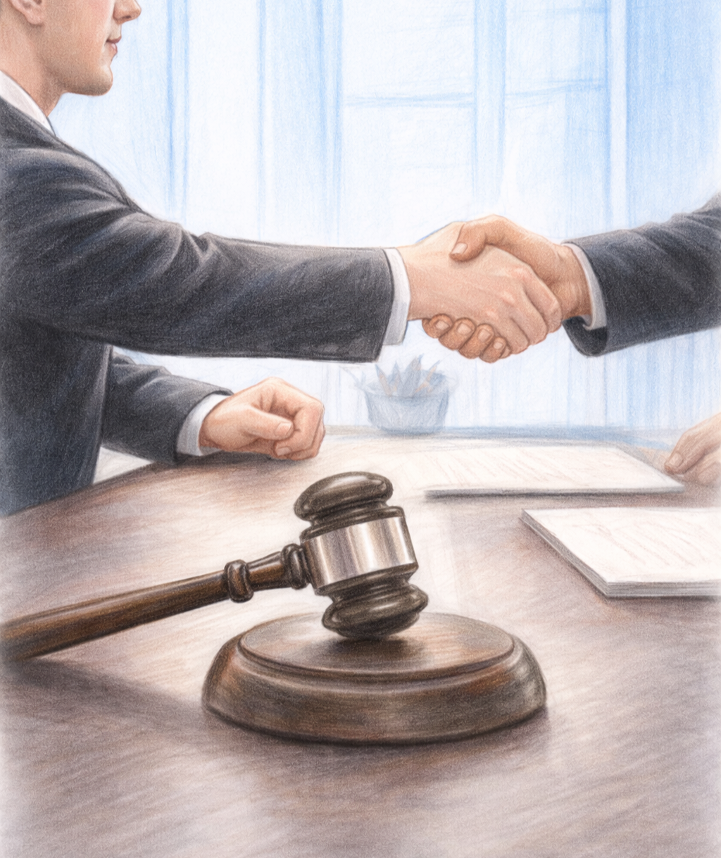 Acuerdo jurídico: apretón de manos y mazo judicial